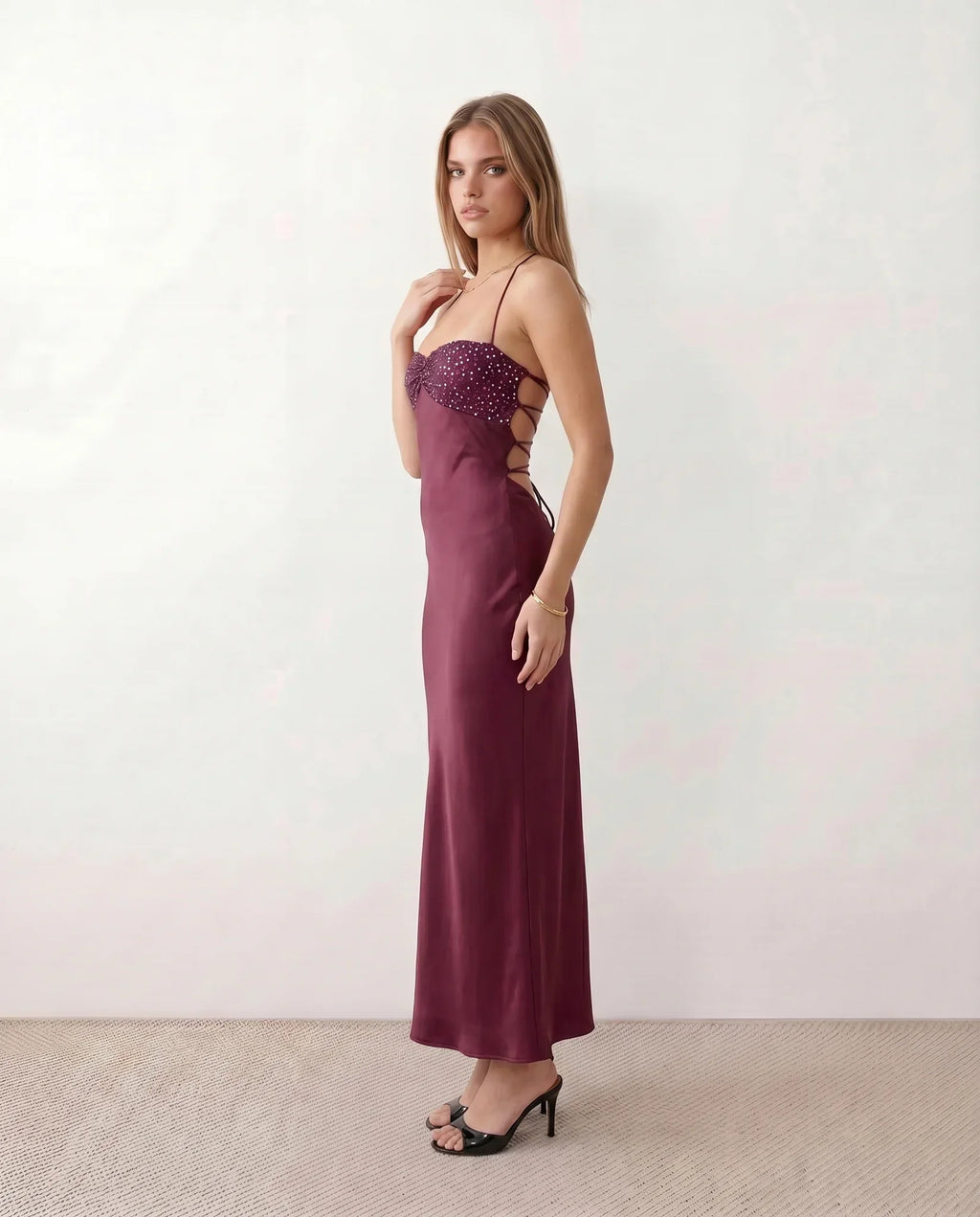 Nadia Satin Sheen Sequin Halter Ruched Maxi Dress - Burgundy