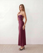 Nadia Satin Sheen Sequin Halter Ruched Maxi Dress - Burgundy