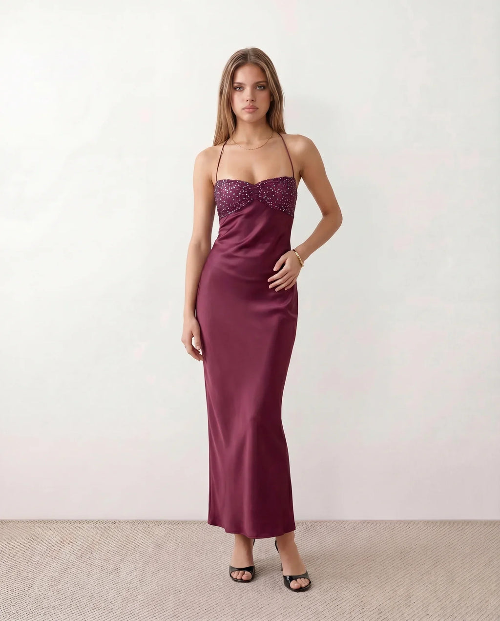 Nadia Satin Sheen Sequin Halter Ruched Maxi Dress - Burgundy