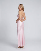 Nadia Satin Sheen Sequin Halter Ruched Maxi Dress - Pink
