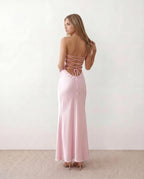 Nadia Satin Sheen Sequin Halter Ruched Maxi Dress - Pink