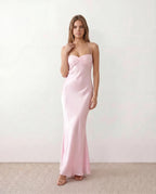 Nadia Satin Sheen Sequin Halter Ruched Maxi Dress - Pink