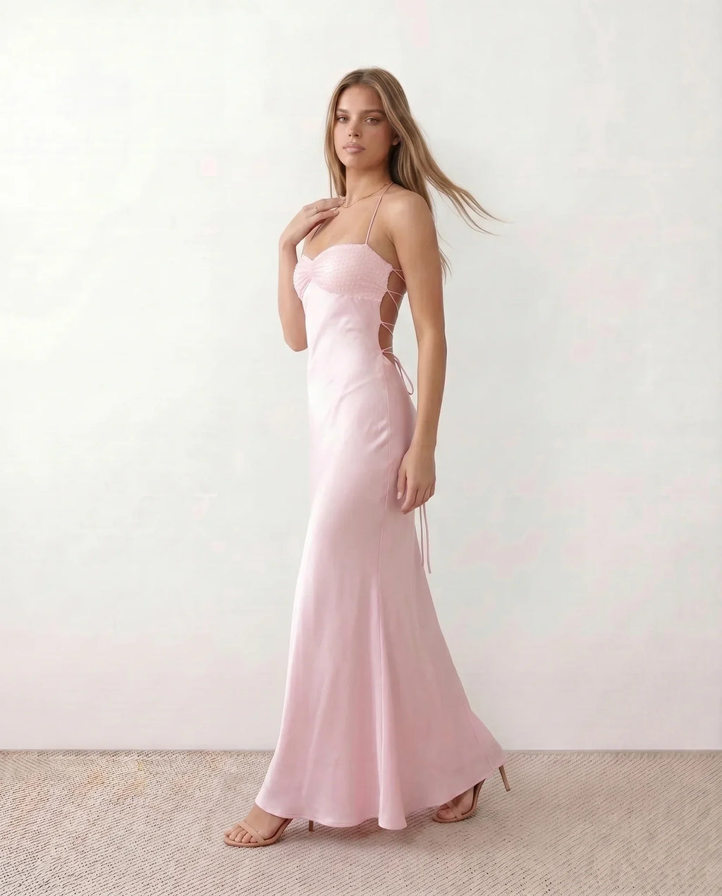 Nadia Satin Sheen Sequin Halter Ruched Maxi Dress - Pink