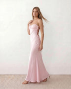 Nadia Satin Sheen Sequin Halter Ruched Maxi Dress - Pink