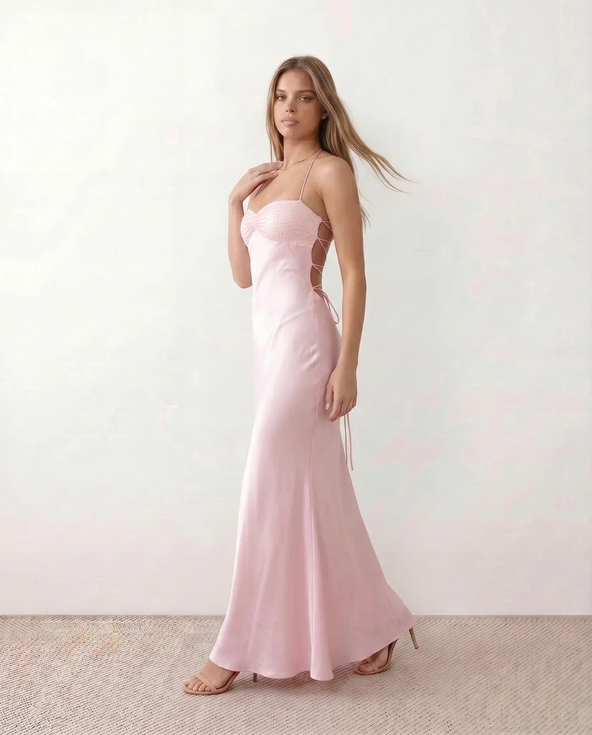 Nadia Satin Sheen Sequin Halter Ruched Maxi Dress - Pink