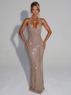 Noelia Sleeveless Sequin Mesh Halter Maxi Dress - Silver