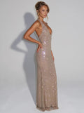 Noelia Sleeveless Sequin Mesh Halter Maxi Dress - Silver