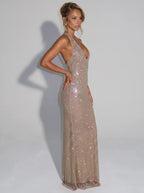 Noelia Sleeveless Sequin Mesh Halter Maxi Dress - Silver