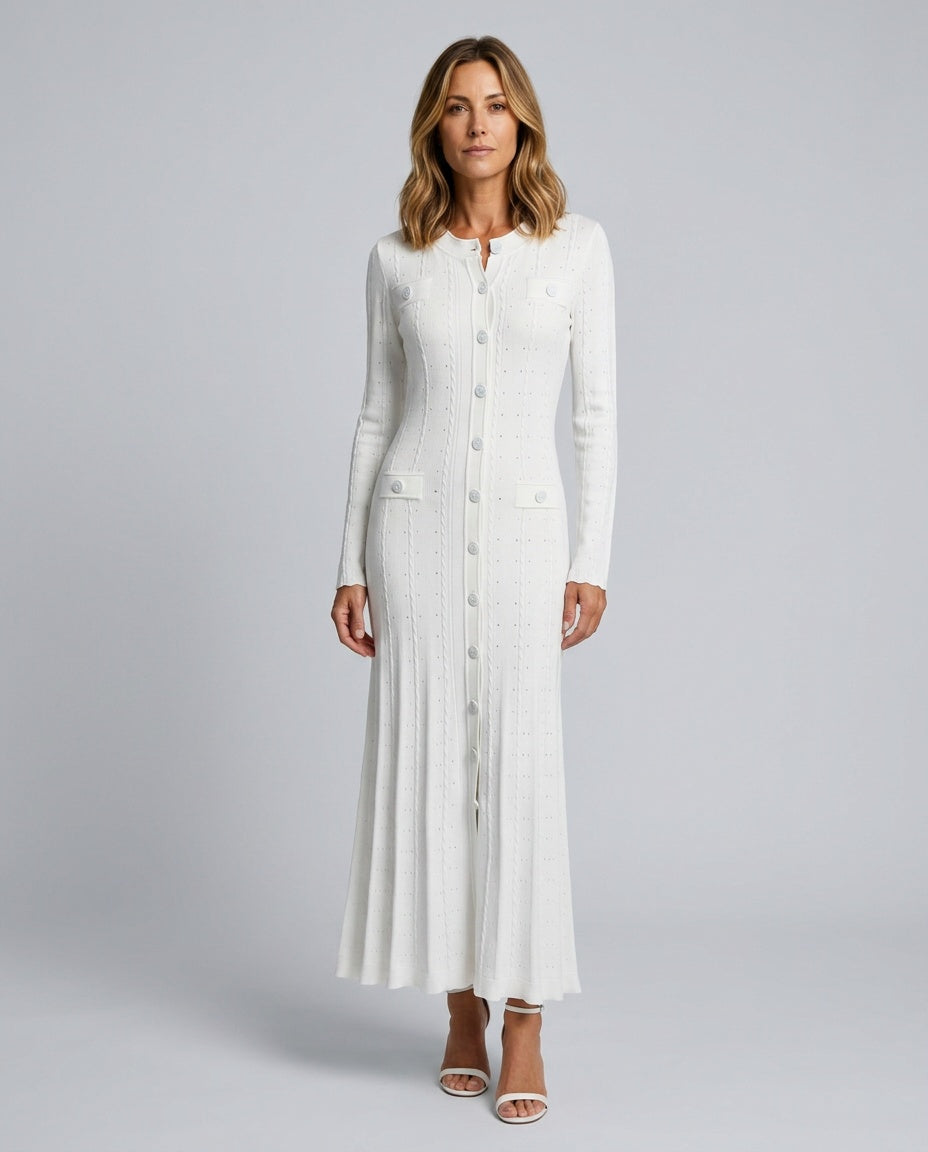 Orla White Cable Knit Button Front Midi Dress - White