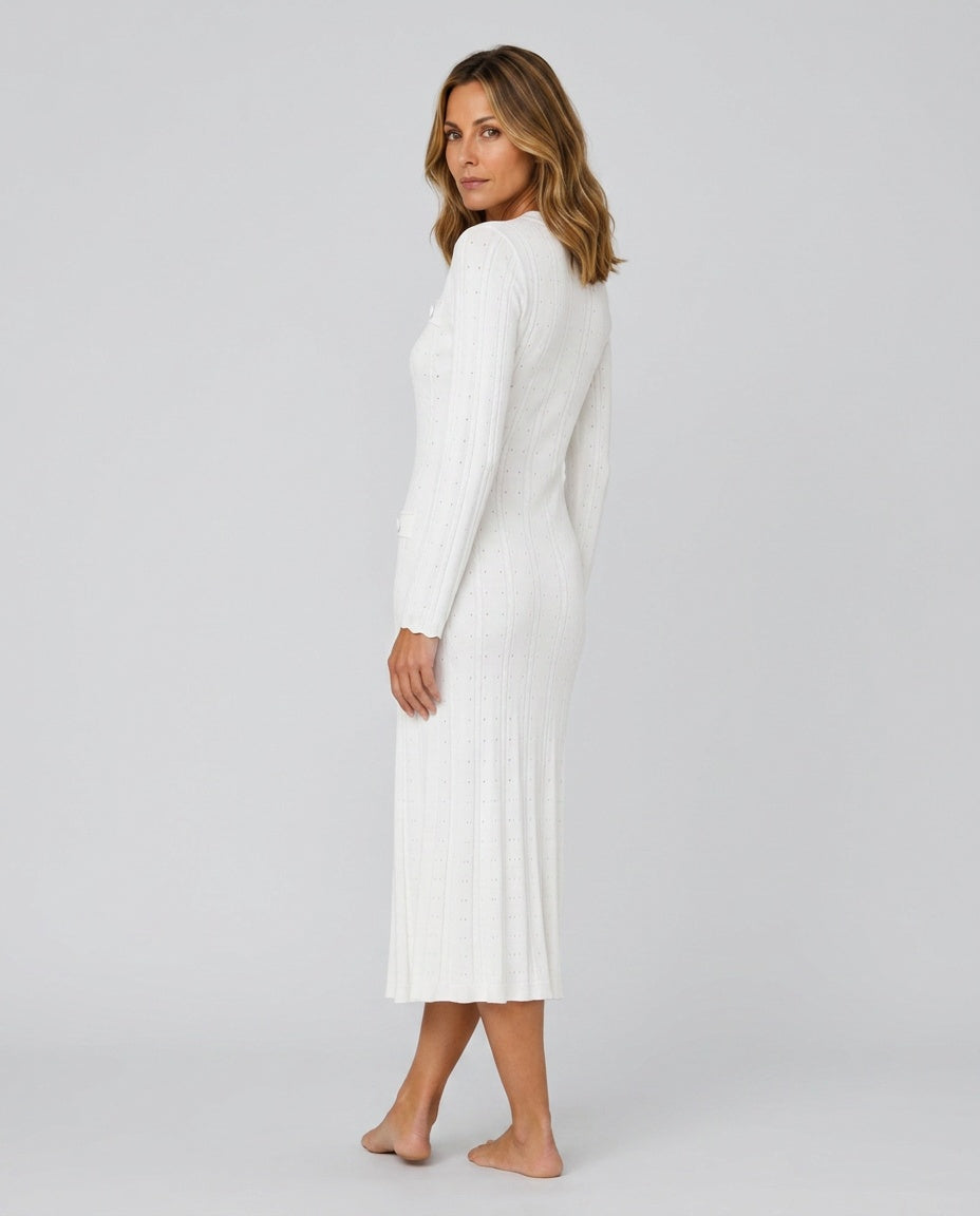 Orla White Cable Knit Button Front Midi Dress - White
