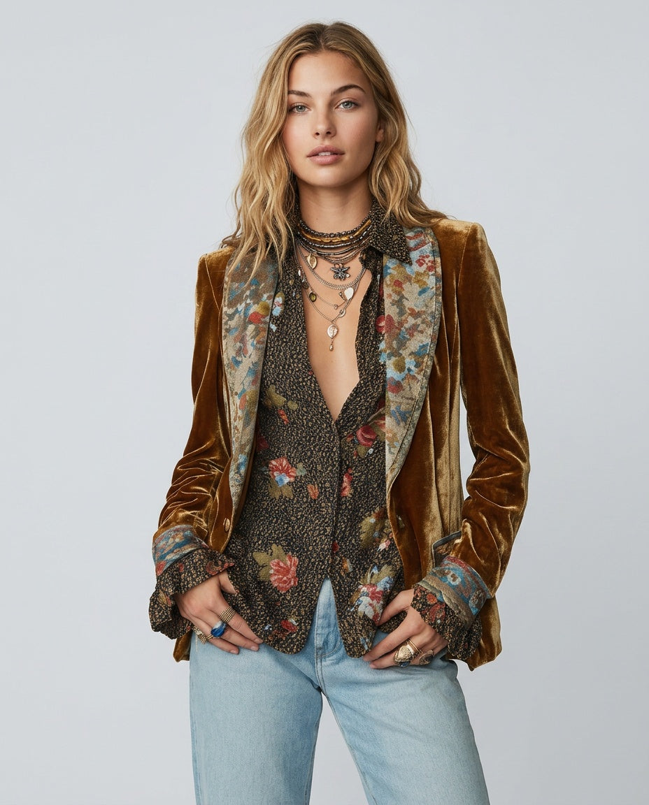 Ottilie Brown Floral Velvet Open Front Blazer - Brown