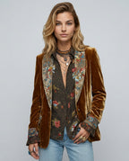 Ottilie Brown Floral Velvet Open Front Blazer - Brown