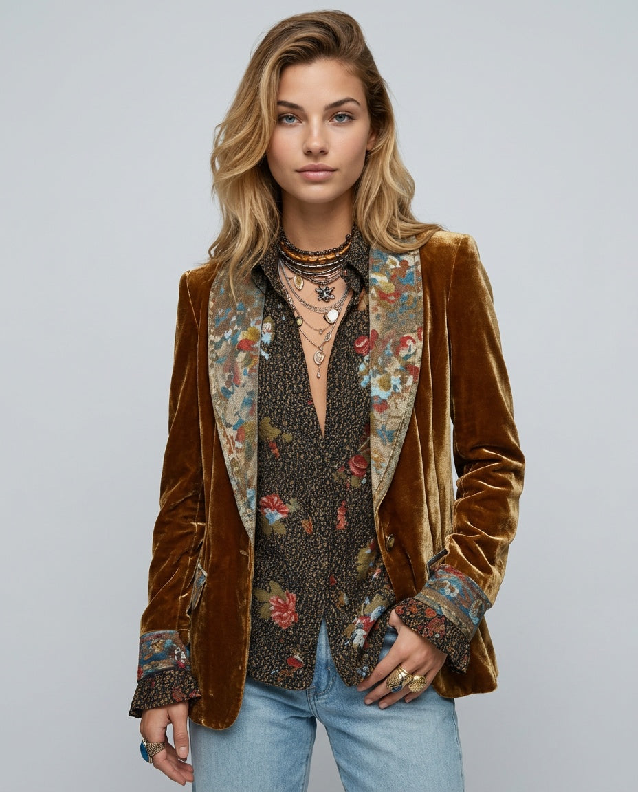 Ottilie Brown Floral Velvet Open Front Blazer - Brown