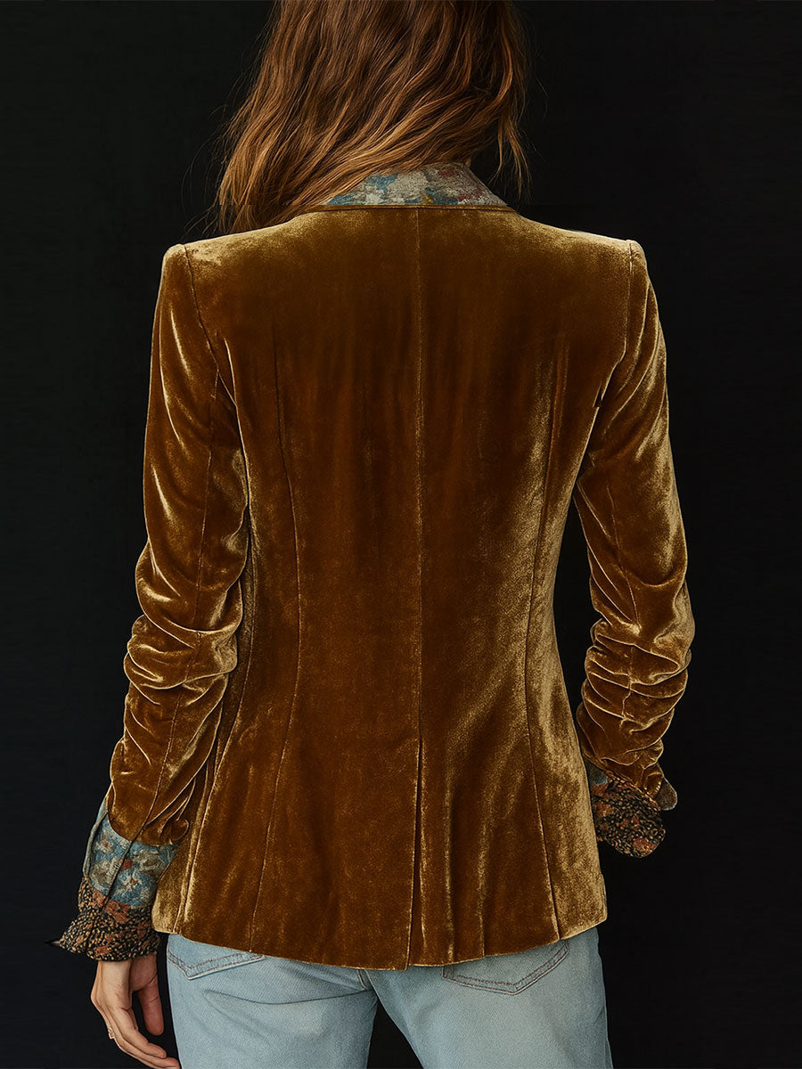 Ottilie Brown Floral Velvet Open Front Blazer - Brown