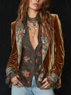 Ottilie Brown Floral Velvet Open Front Blazer - Brown