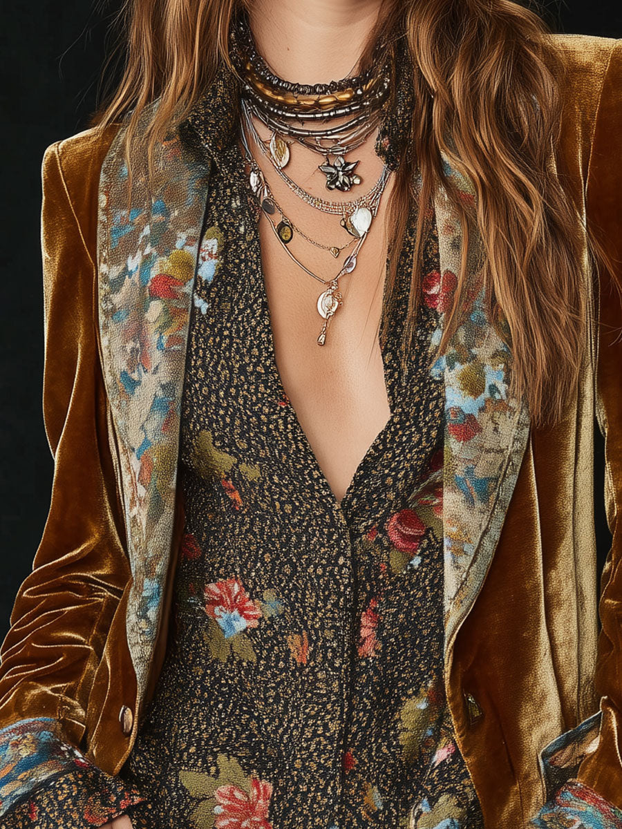Ottilie Brown Floral Velvet Open Front Blazer - Brown