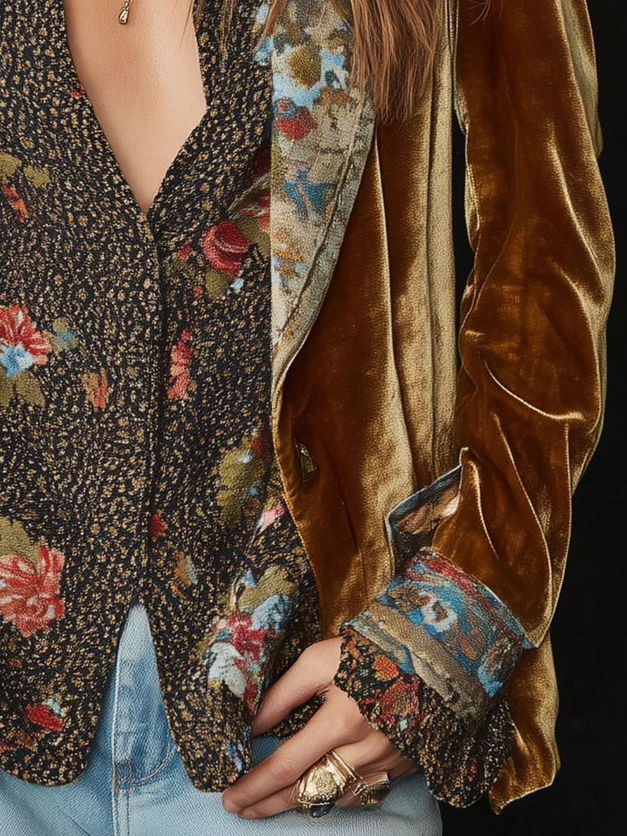 Ottilie Brown Floral Velvet Open Front Blazer - Brown