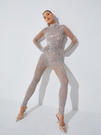 Paige Beige Beaded Mesh Long Sleeve Bodycon Jumpsuit - Beige
