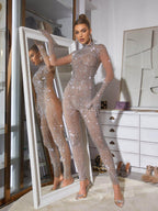Paige Beige Beaded Mesh Long Sleeve Bodycon Jumpsuit - Beige