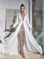 Paige Beige Beaded Mesh Long Sleeve Bodycon Jumpsuit - Beige