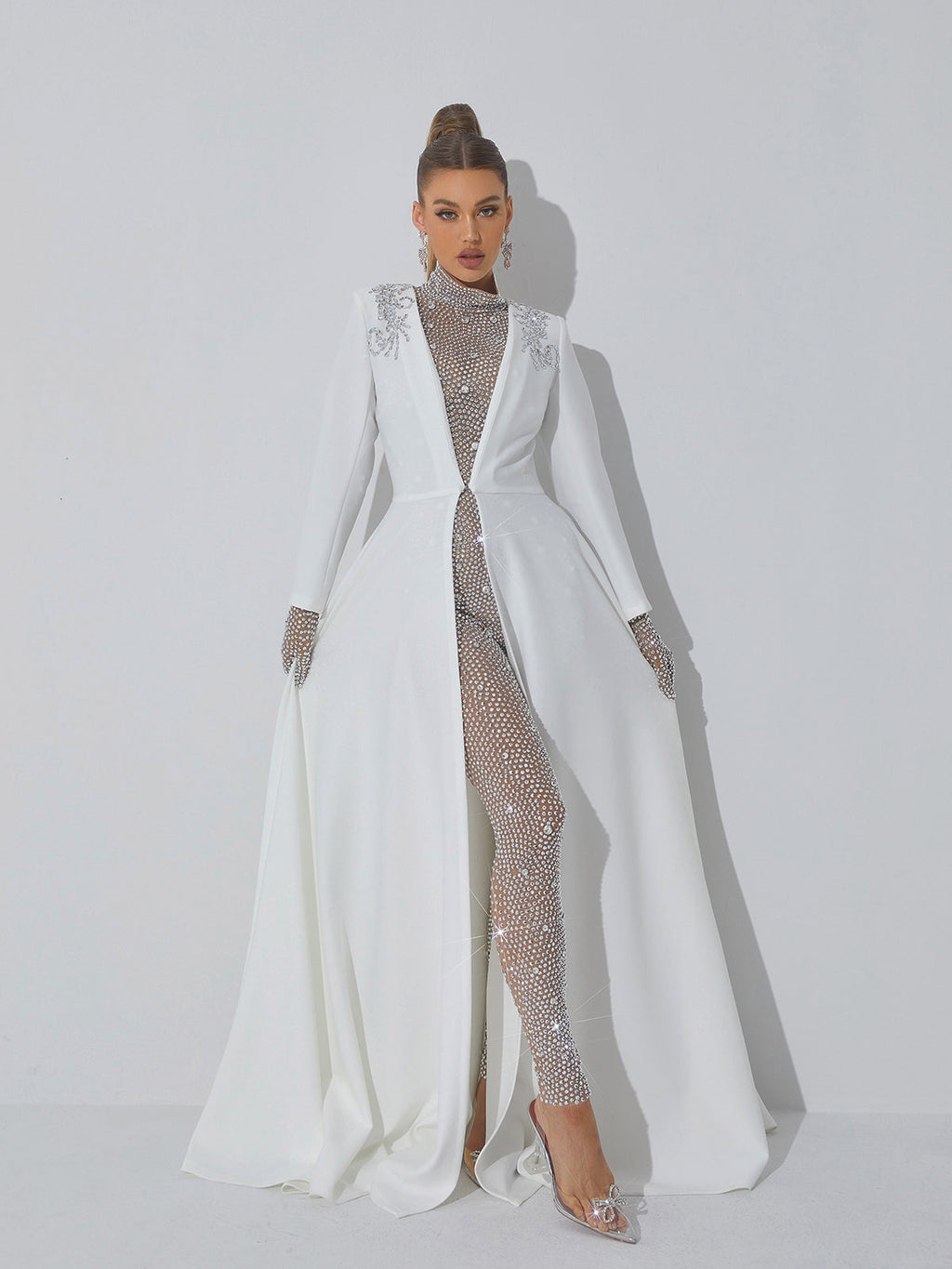 Paige Beige Beaded Mesh Long Sleeve Bodycon Jumpsuit - Beige