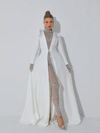 Paige Beige Beaded Mesh Long Sleeve Bodycon Jumpsuit - Beige