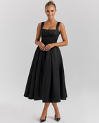 Patsy Satin Sheen Corset Bodice Pleated Midi Dress - Black