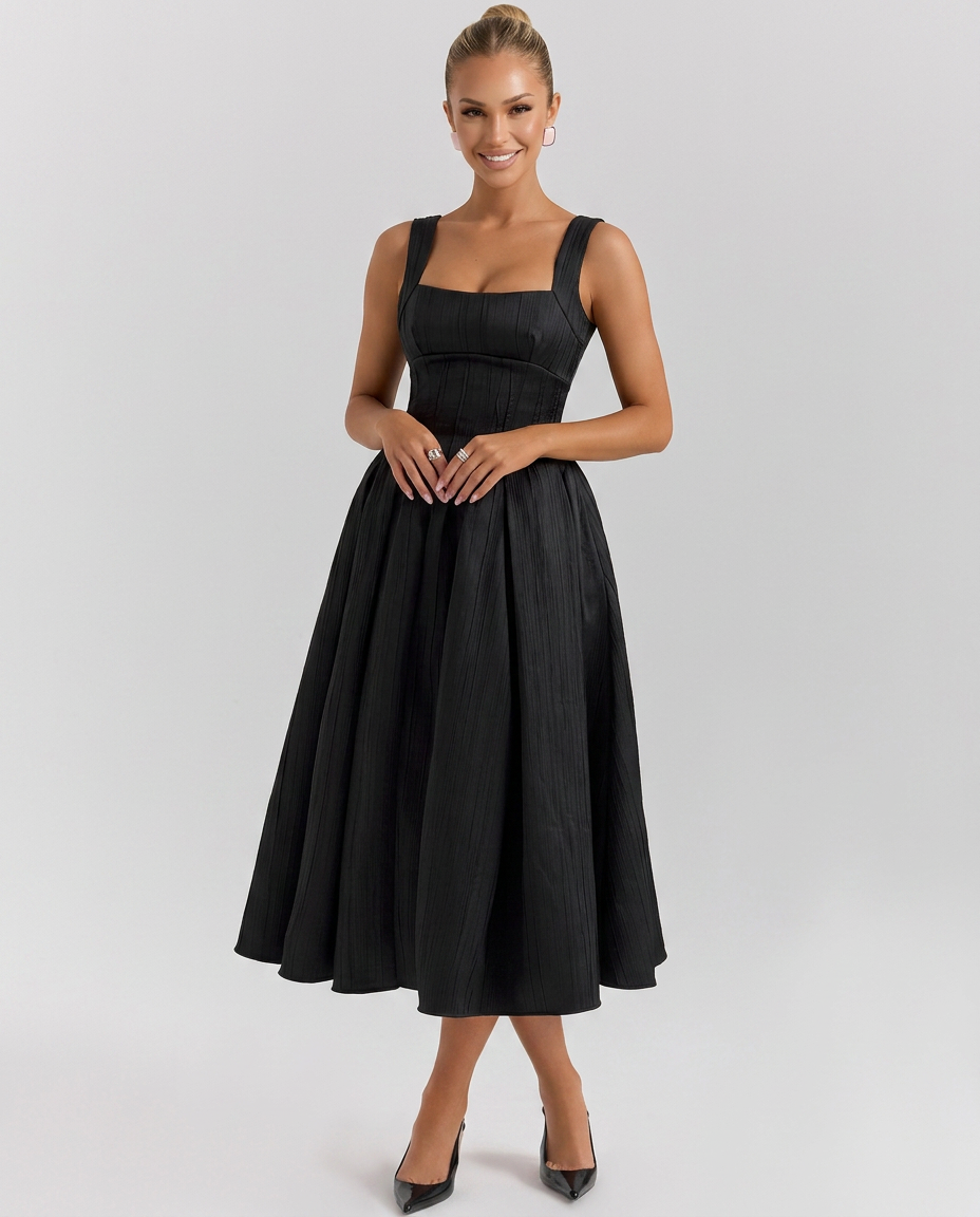 Patsy Satin Sheen Corset Bodice Pleated Midi Dress - Black