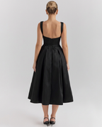 Patsy Satin Sheen Corset Bodice Pleated Midi Dress - Black