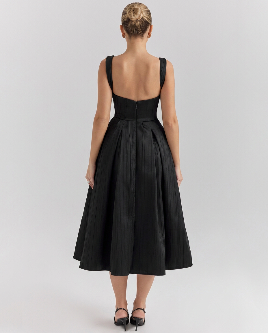 Patsy Satin Sheen Corset Bodice Pleated Midi Dress - Black