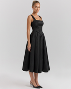 Patsy Satin Sheen Corset Bodice Pleated Midi Dress - Black