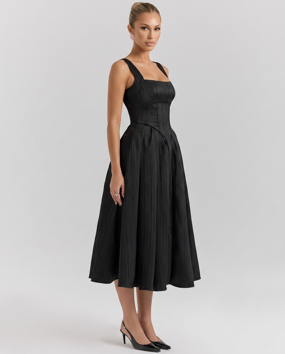 Patsy Satin Sheen Corset Bodice Pleated Midi Dress - Black