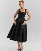 Patsy Satin Sheen Corset Bodice Pleated Midi Dress - Black