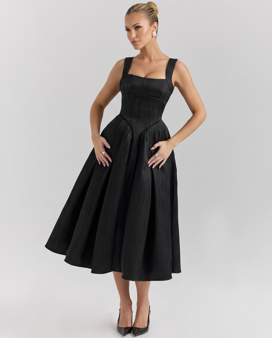 Patsy Satin Sheen Corset Bodice Pleated Midi Dress - Black