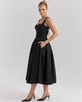 Patsy Satin Sheen Corset Bodice Pleated Midi Dress - Black