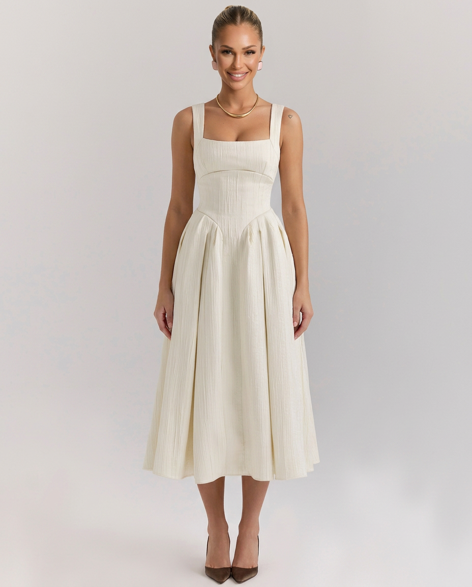Patsy Satin Sheen Corset Bodice Pleated Midi Dress - Ivory