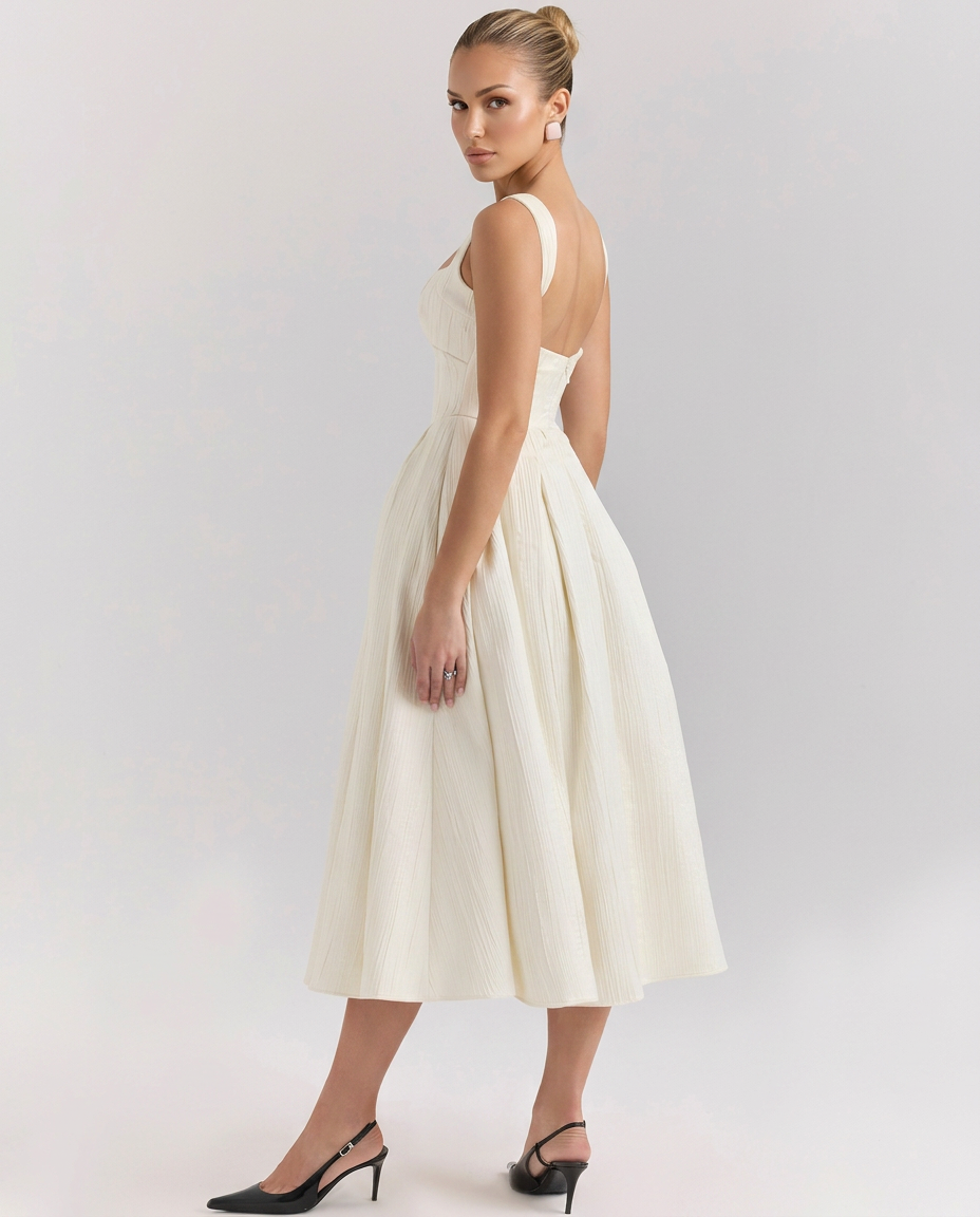 Patsy Satin Sheen Corset Bodice Pleated Midi Dress - Ivory