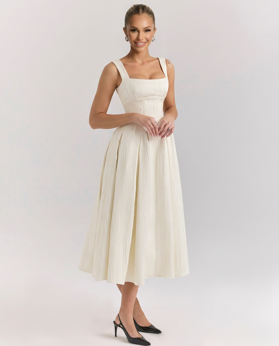 Patsy Satin Sheen Corset Bodice Pleated Midi Dress - Ivory