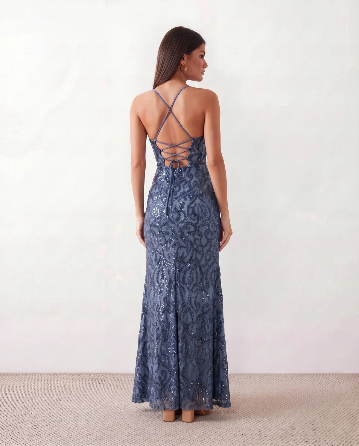 Paulica Allover Sequin Spaghetti Strap Maxi Dress - Blue