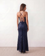 Paulica Allover Sequin Spaghetti Strap Maxi Dress - Navy