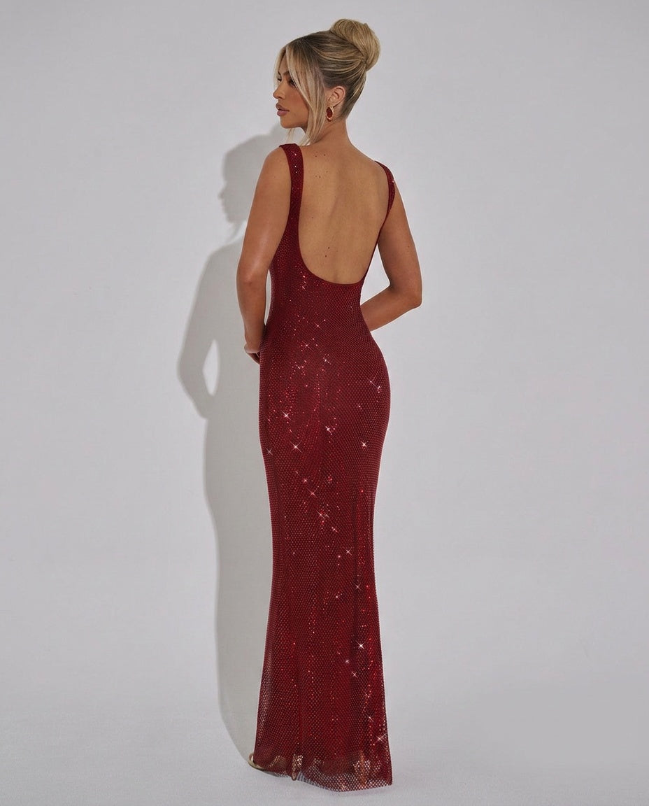 Quinn Sequin Mesh Sleeveless Column Maxi Dress - Wine Red