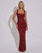 Quinn Sequin Mesh Sleeveless Column Maxi Dress - Wine Red