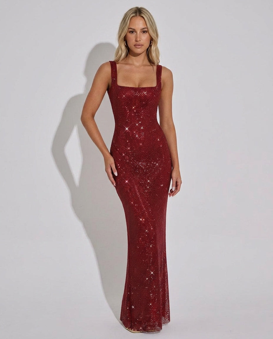 Quinn Sequin Mesh Sleeveless Column Maxi Dress - Wine Red