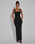 Quinn Sequin Mesh Sleeveless Column Maxi Dress - Black
