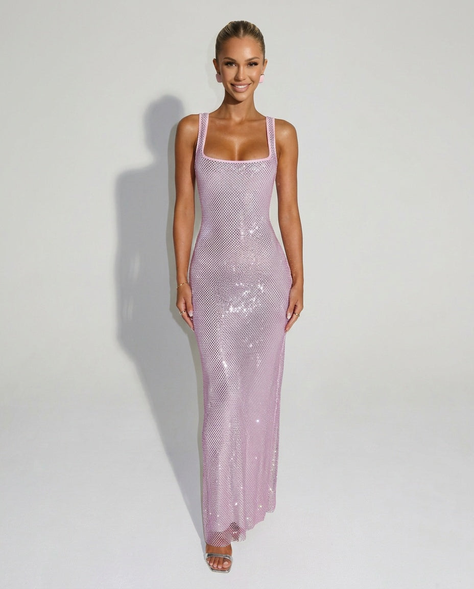 Quinn Sequin Mesh Sleeveless Column Maxi Dress - Pink