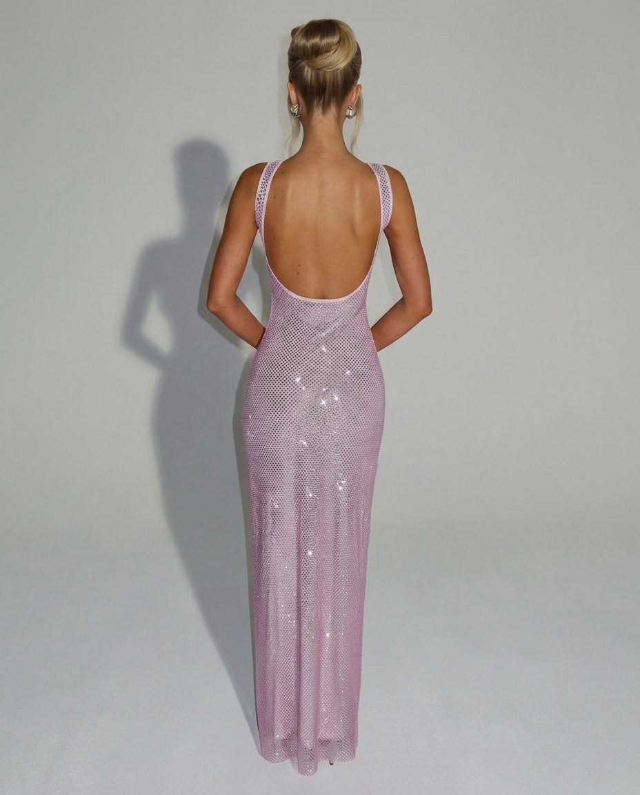 Quinn Sequin Mesh Sleeveless Column Maxi Dress - Pink