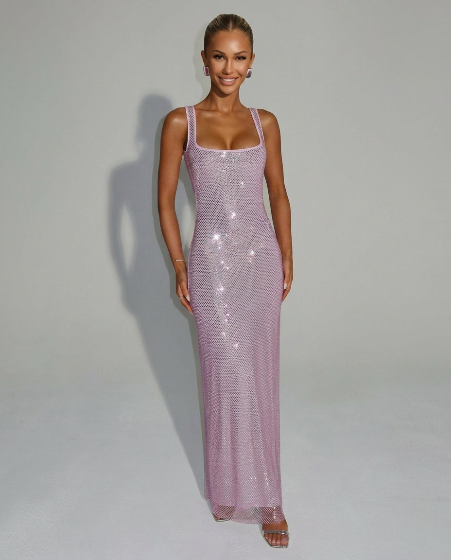 Quinn Sequin Mesh Sleeveless Column Maxi Dress - Pink