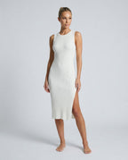 Raina Rib Knit Sleeveless Bodycon Slit Midi Dress - White