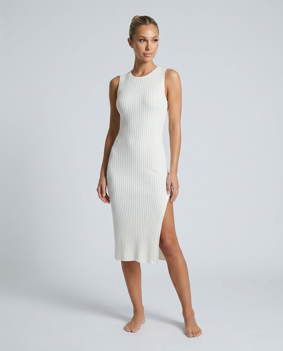 Raina Rib Knit Sleeveless Bodycon Slit Midi Dress - White