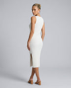 Raina Rib Knit Sleeveless Bodycon Slit Midi Dress - White